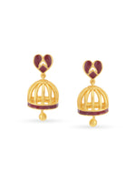 Detailed close up of SIJA Gold Red Heart Jhumka showing red heart charm and premium sterling silver craftsmanship