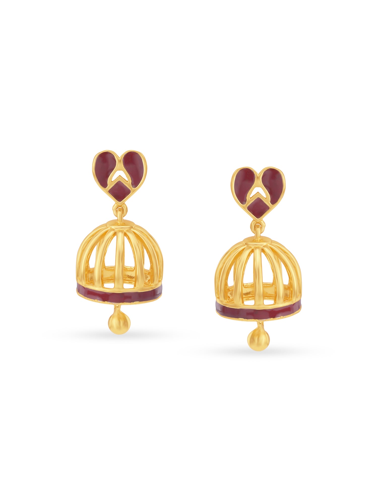 Detailed close up of SIJA Gold Red Heart Jhumka showing red heart charm and premium sterling silver craftsmanship