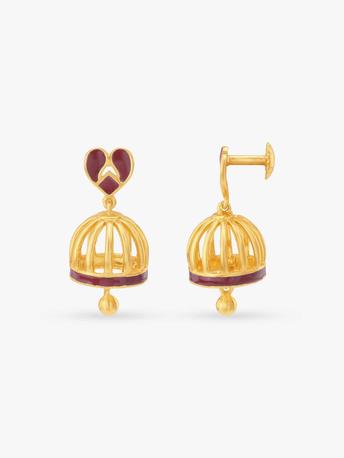 Side view of SIJA 925 Silver Gold Red Heart Jhumka highlighting handcrafted silver dome and red heart drop charm