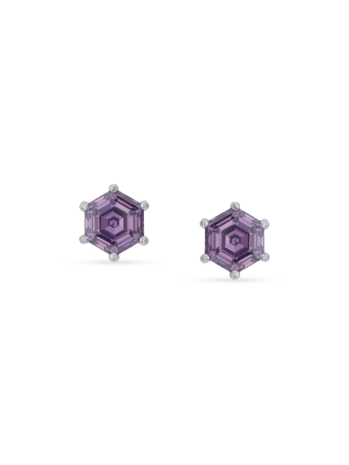 Detailed close up of SIJA Amethyst Hexa Stud showing sparkling purple amethyst stone with geometric hexagon craftsmanship
