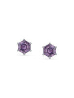 Detailed close up of SIJA Amethyst Hexa Stud showing sparkling purple amethyst stone with geometric hexagon craftsmanship