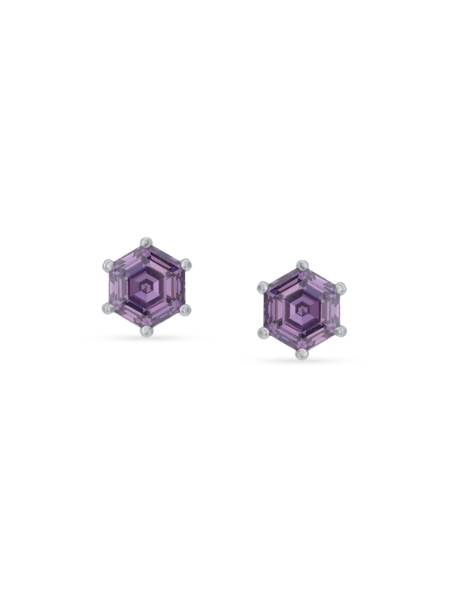 Detailed close up of SIJA Amethyst Hexa Stud showing sparkling purple amethyst stone with geometric hexagon craftsmanship