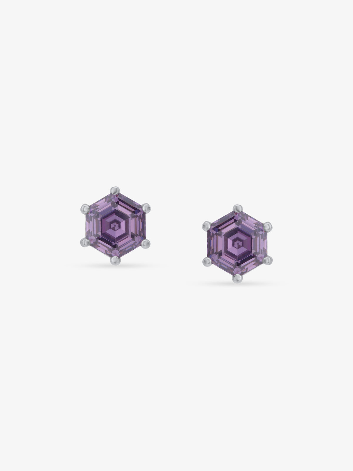 Detailed close up of SIJA Amethyst Hexa Stud showing sparkling purple amethyst stone with geometric hexagon craftsmanship