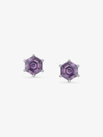 Detailed close up of SIJA Amethyst Hexa Stud showing sparkling purple amethyst stone with geometric hexagon craftsmanship