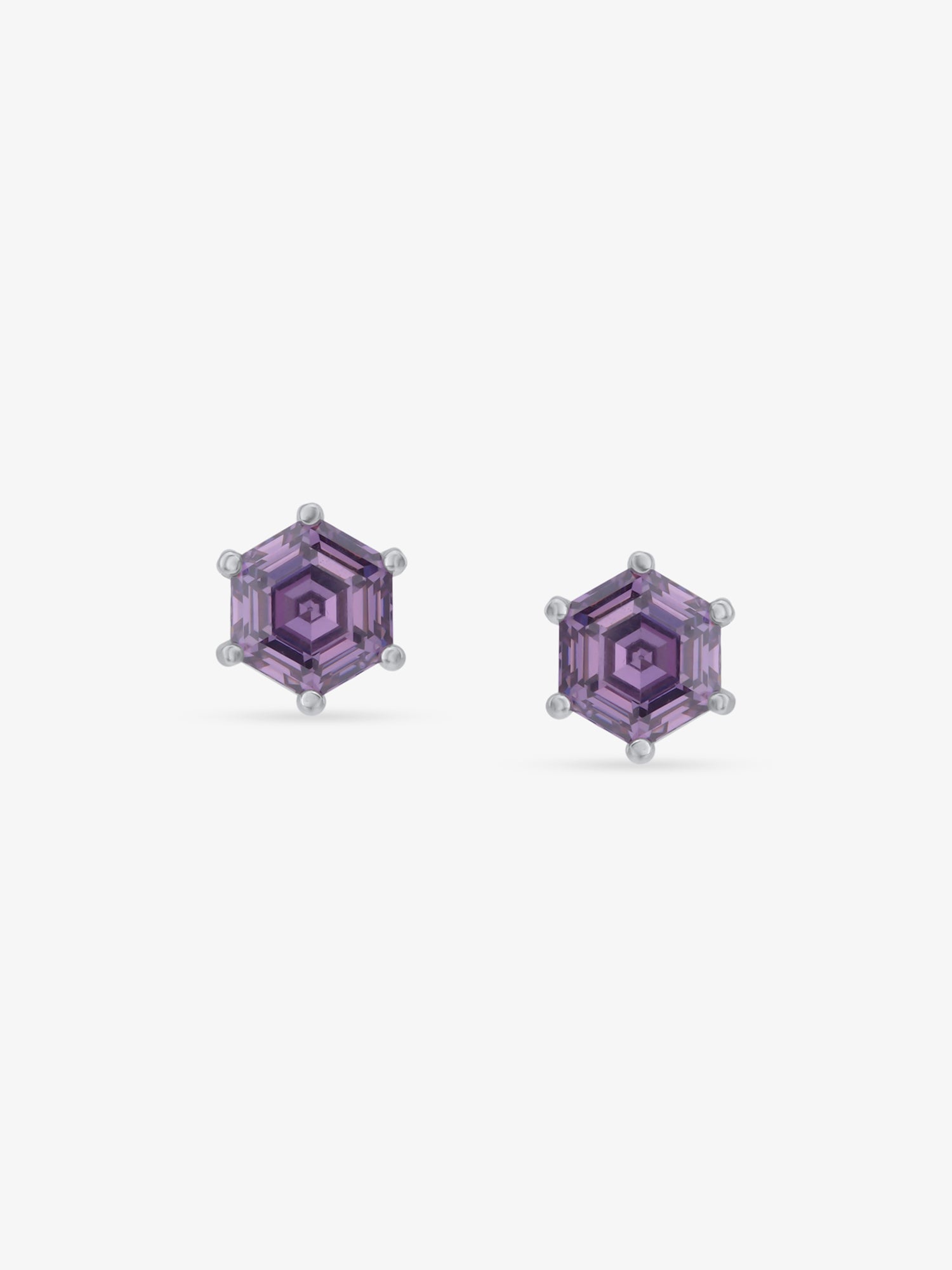 Detailed close up of SIJA Amethyst Hexa Stud showing sparkling purple amethyst stone with geometric hexagon craftsmanship