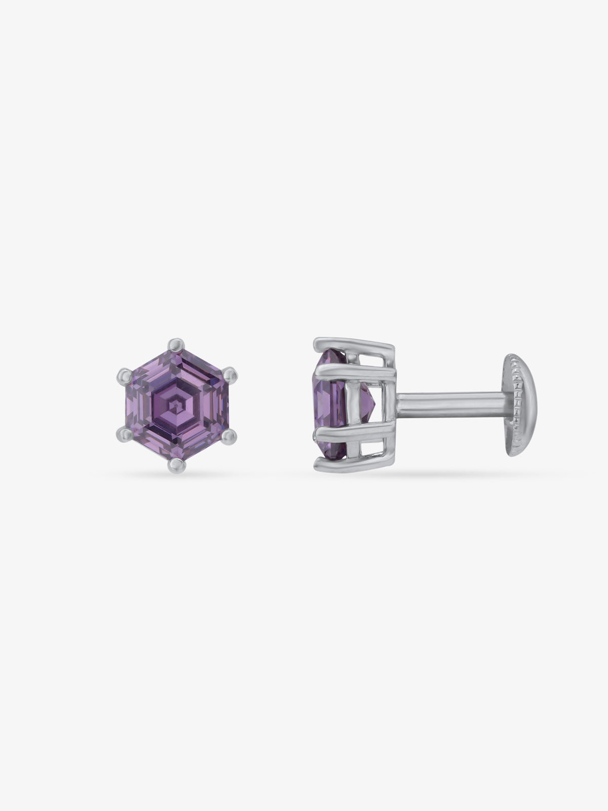 Side view of SIJA 925 Silver Amethyst Hexa Stud highlighting sleek silver setting with hexagon amethyst charm