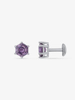 Side view of SIJA 925 Silver Amethyst Hexa Stud highlighting sleek silver setting with hexagon amethyst charm