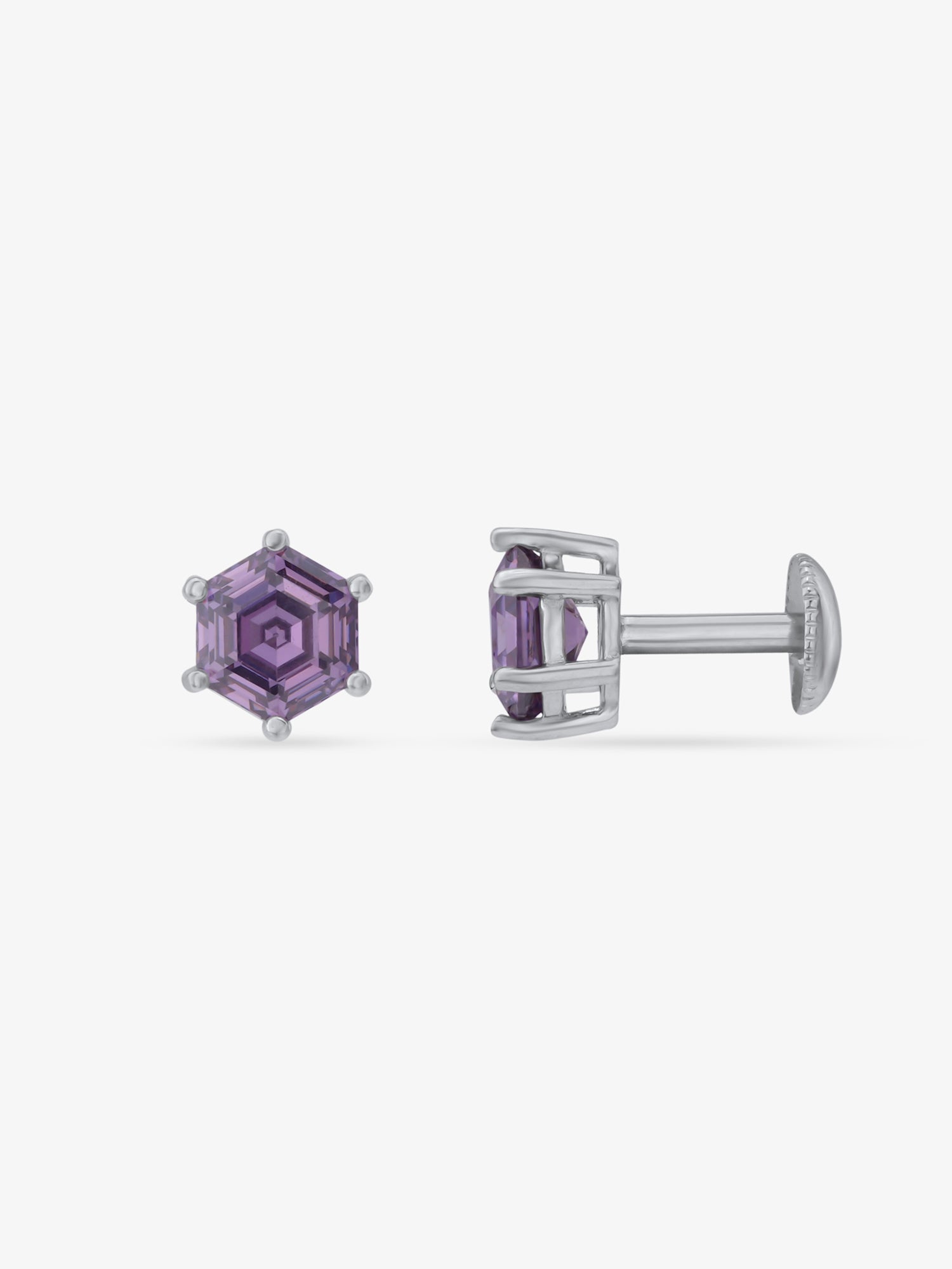 Side view of SIJA 925 Silver Amethyst Hexa Stud highlighting sleek silver setting with hexagon amethyst charm