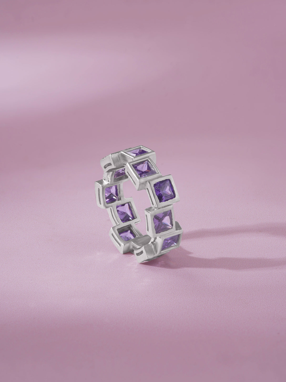 Detailed close up of SIJA 925 Silver Amethyst Square Stack Ring highlighting sparkling amethyst craftsmanship