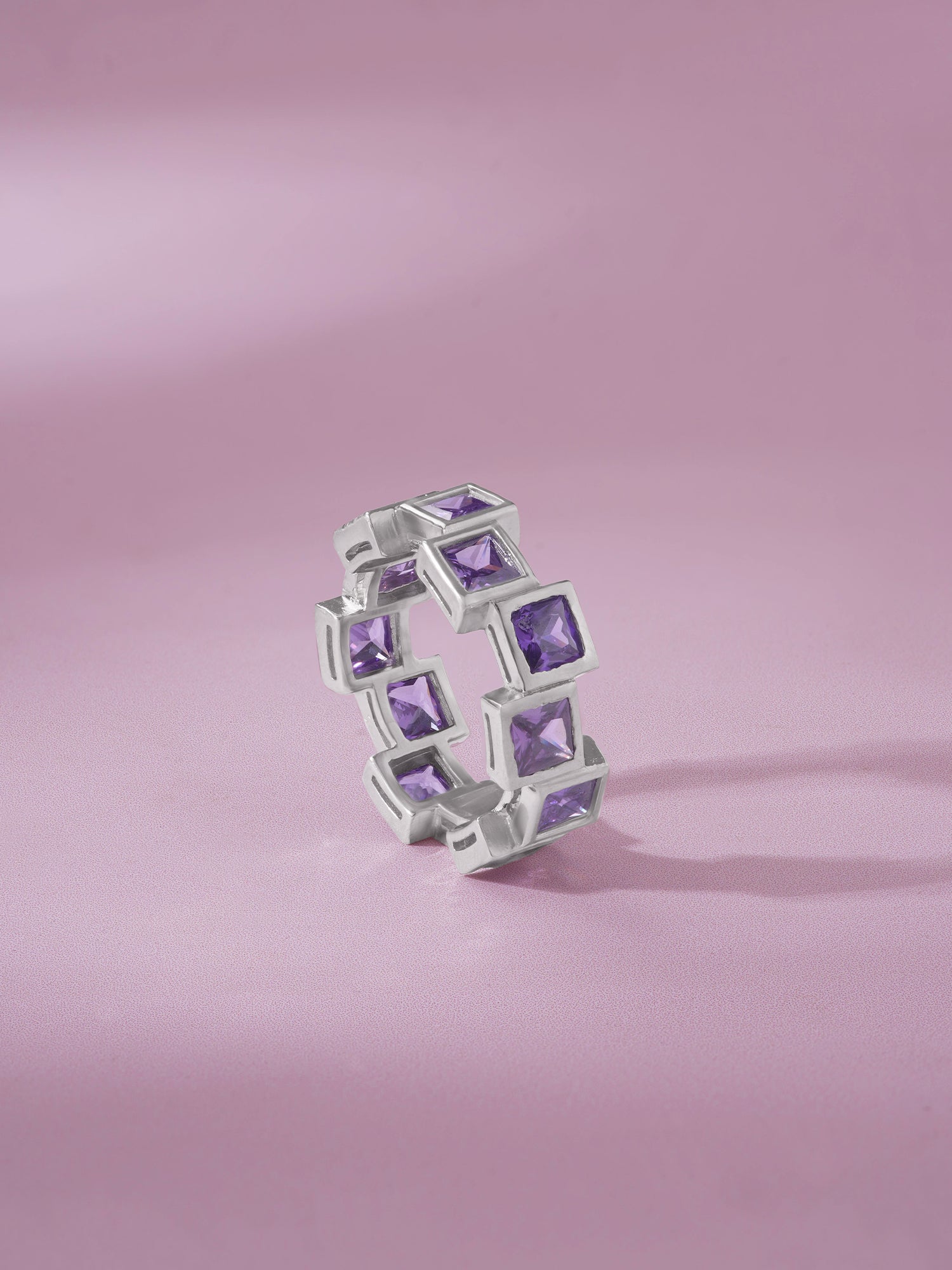 Detailed close up of SIJA 925 Silver Amethyst Square Stack Ring highlighting sparkling amethyst craftsmanship