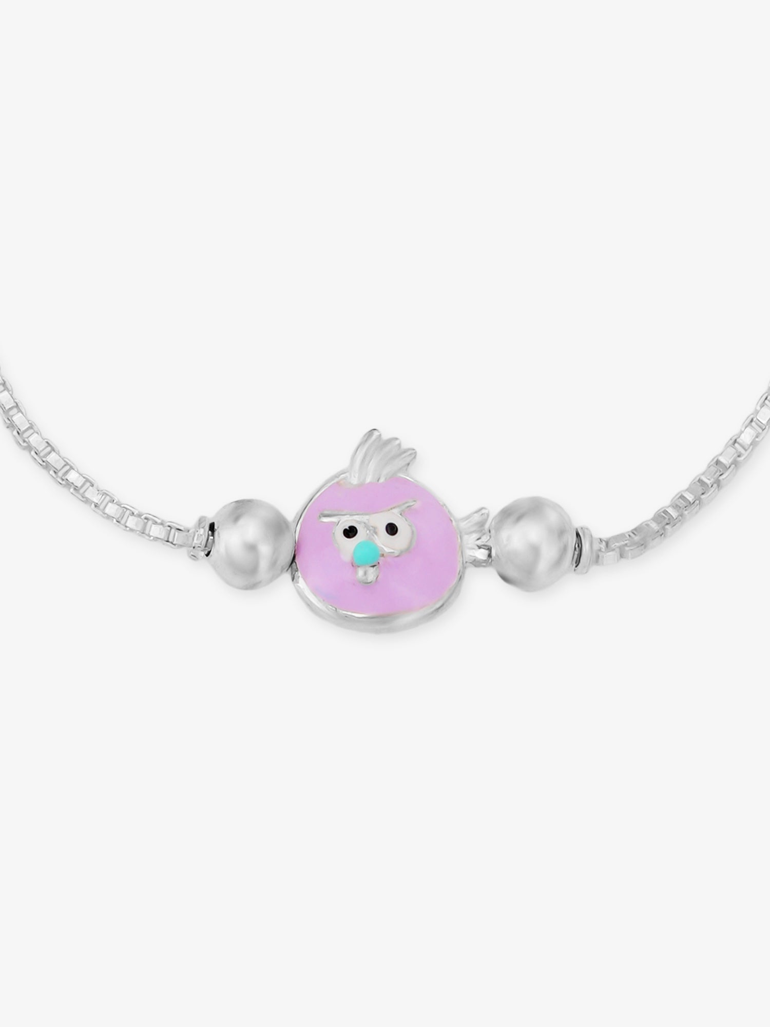 Detailed close up of SIJA 925 Silver Angry Bird Chain Bracelet showing enamel angry bird charm and handcrafted silver chain