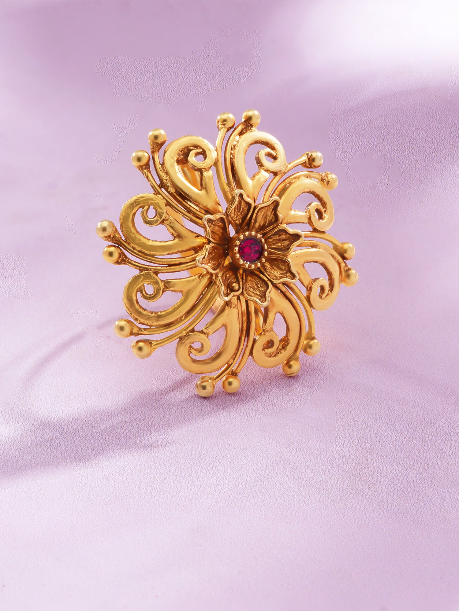 Detailed close up of SIJA Antique Empress Floral Ring showing gold plated floral petals and premium sterling silver craftsmanship