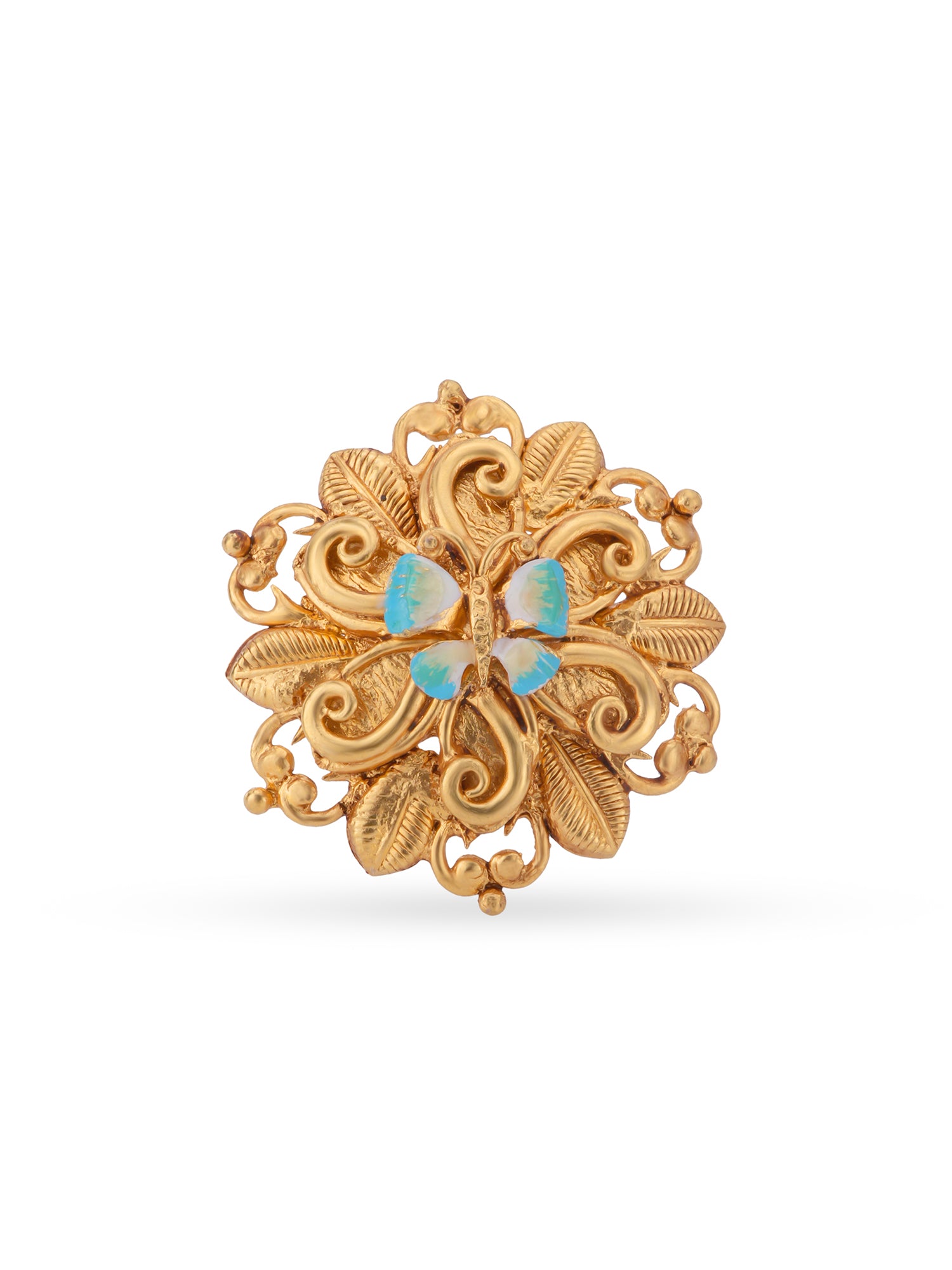 Detailed close up of SIJA Antique Enchanted Butterfly Ring showing gold plated butterfly wings and premium sterling silver craftsmanship