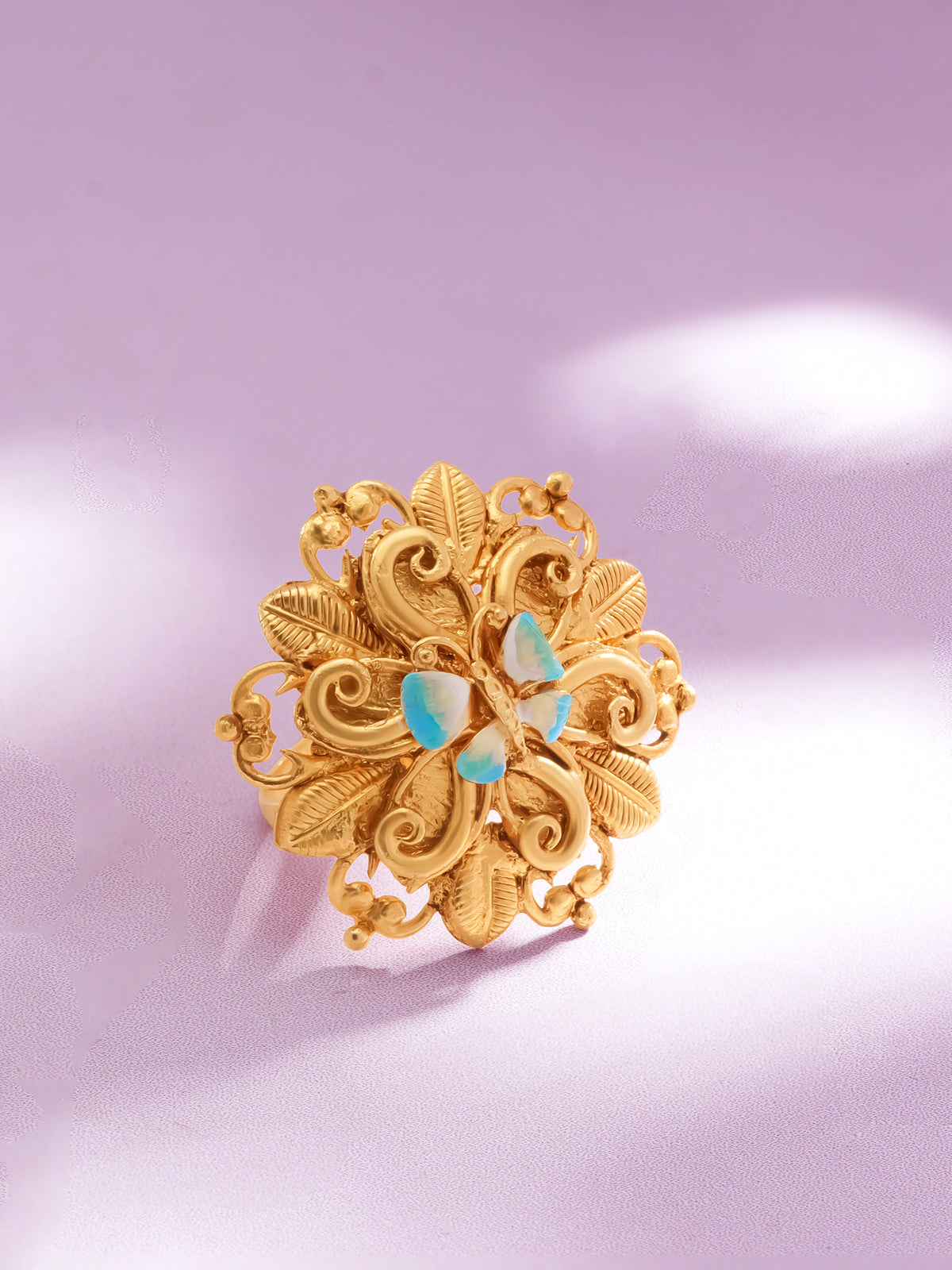 Detailed close up of SIJA Antique Enchanted Butterfly Ring showing gold plated butterfly wings and premium sterling silver craftsmanship