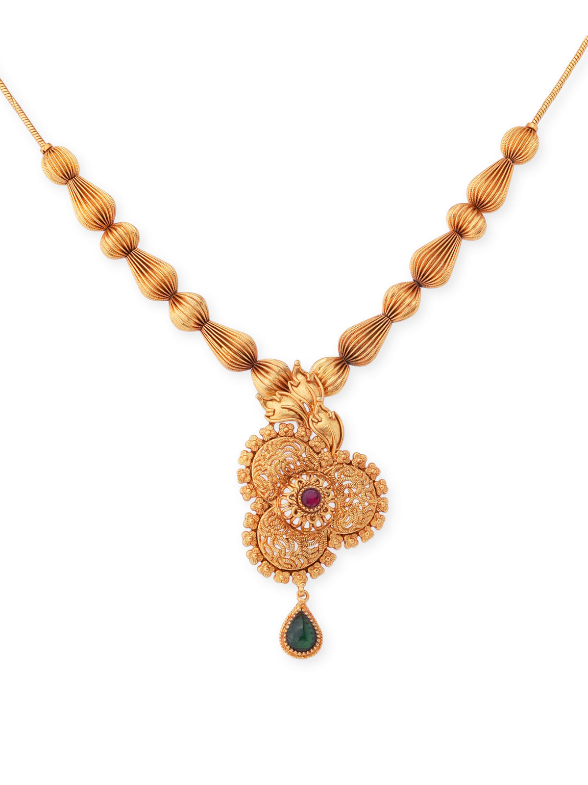 Close‑up of SIJA 925 silver Antique Floral Gold Beads Necklace showing intricate floral bead detailing and handcrafted gold plated design