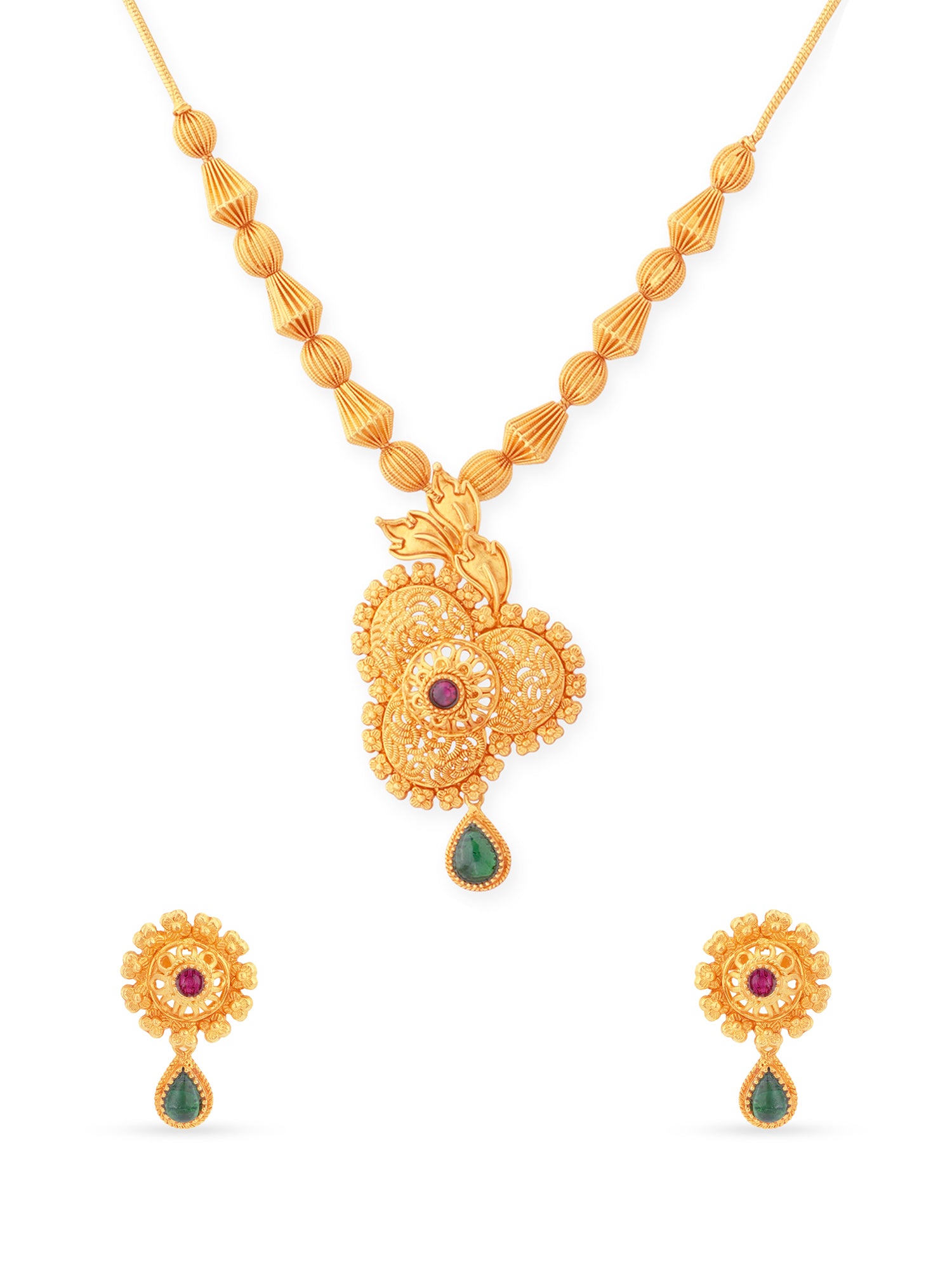 Close‑up of SIJA 925 silver Antique Floral Gold Beads Necklace showing intricate floral bead detailing handcrafted gold plated design