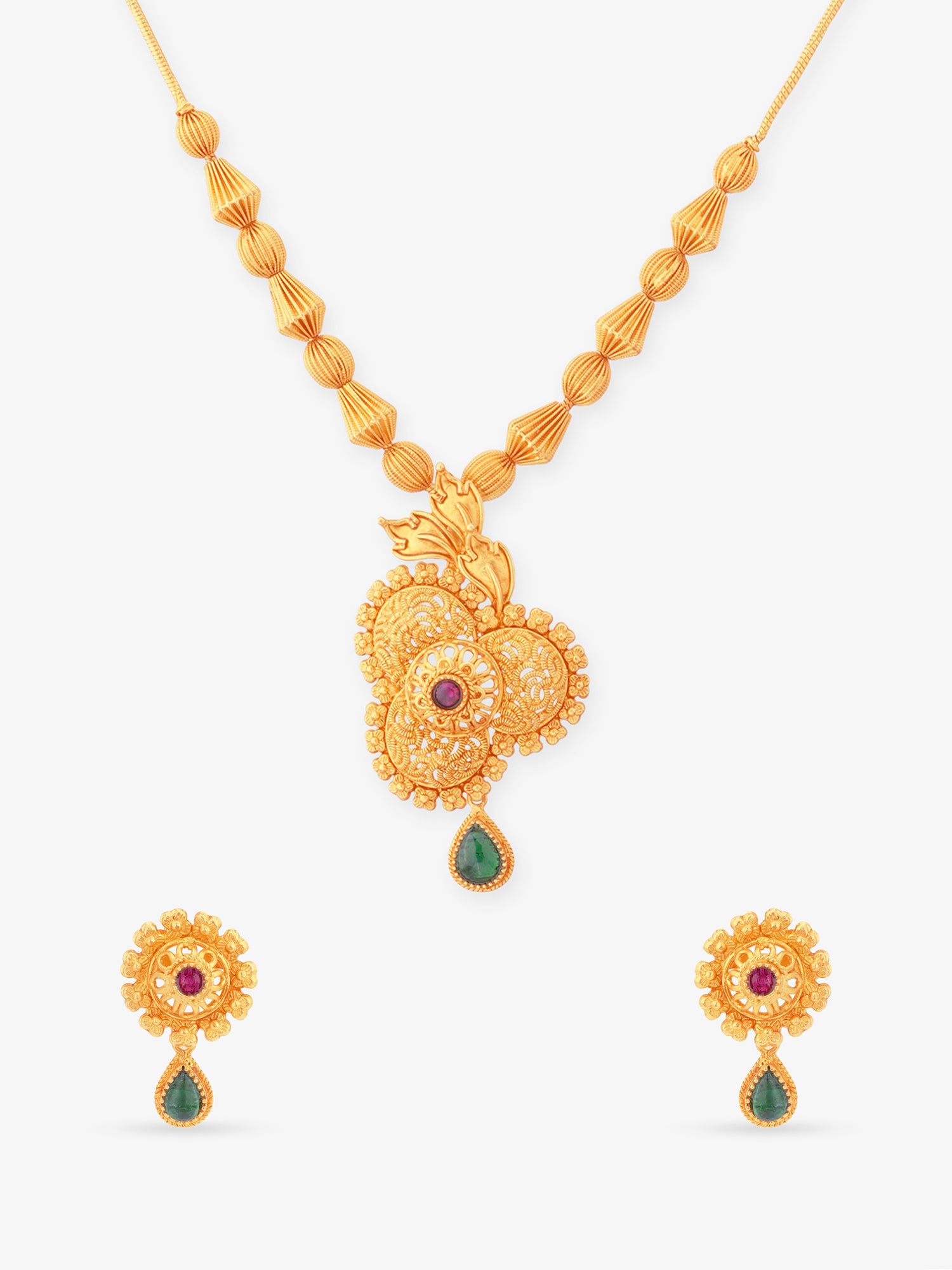 SIJA 925 Silver Antique Floral Gold Beads Necklace and Earrings gold plated sterling silver jewellery elegant accessory full front hero view