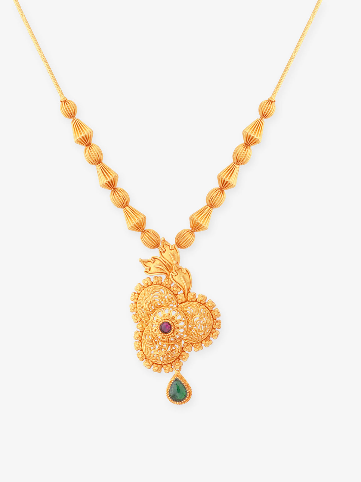 Close‑up of SIJA 925 silver Antique Floral Gold Beads Necklace showing intricate floral bead detailing handcrafted gold plated design
