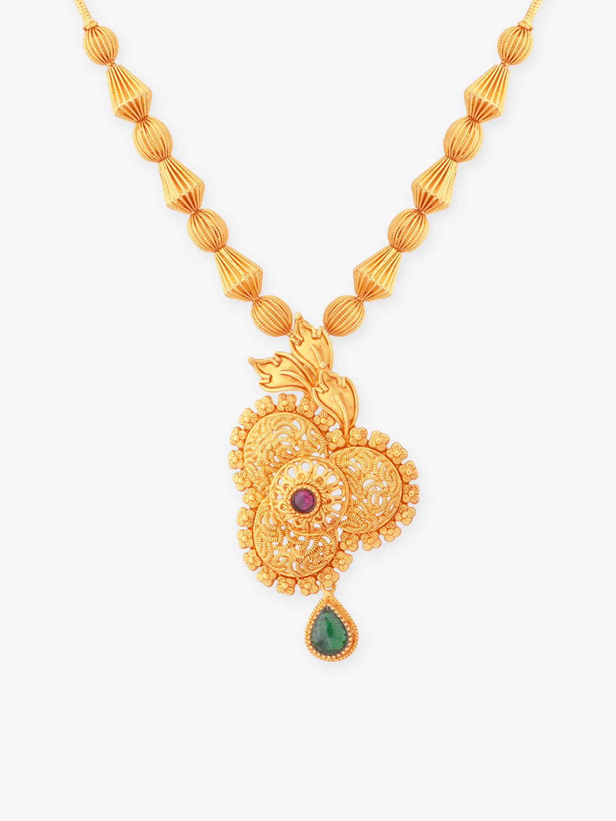 Close‑up of SIJA 925 silver Antique Floral Gold Beads Necklace showing intricate floral bead detailing handcrafted gold plated design