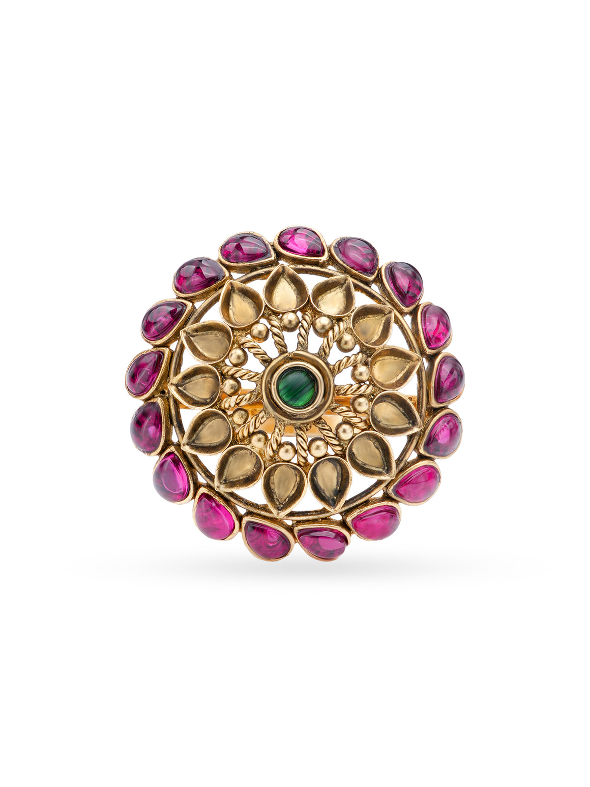 Detailed close up of SIJA Antique Floral Ruby Embrace Ring showing ruby stone petals and premium sterling silver craftsmanship