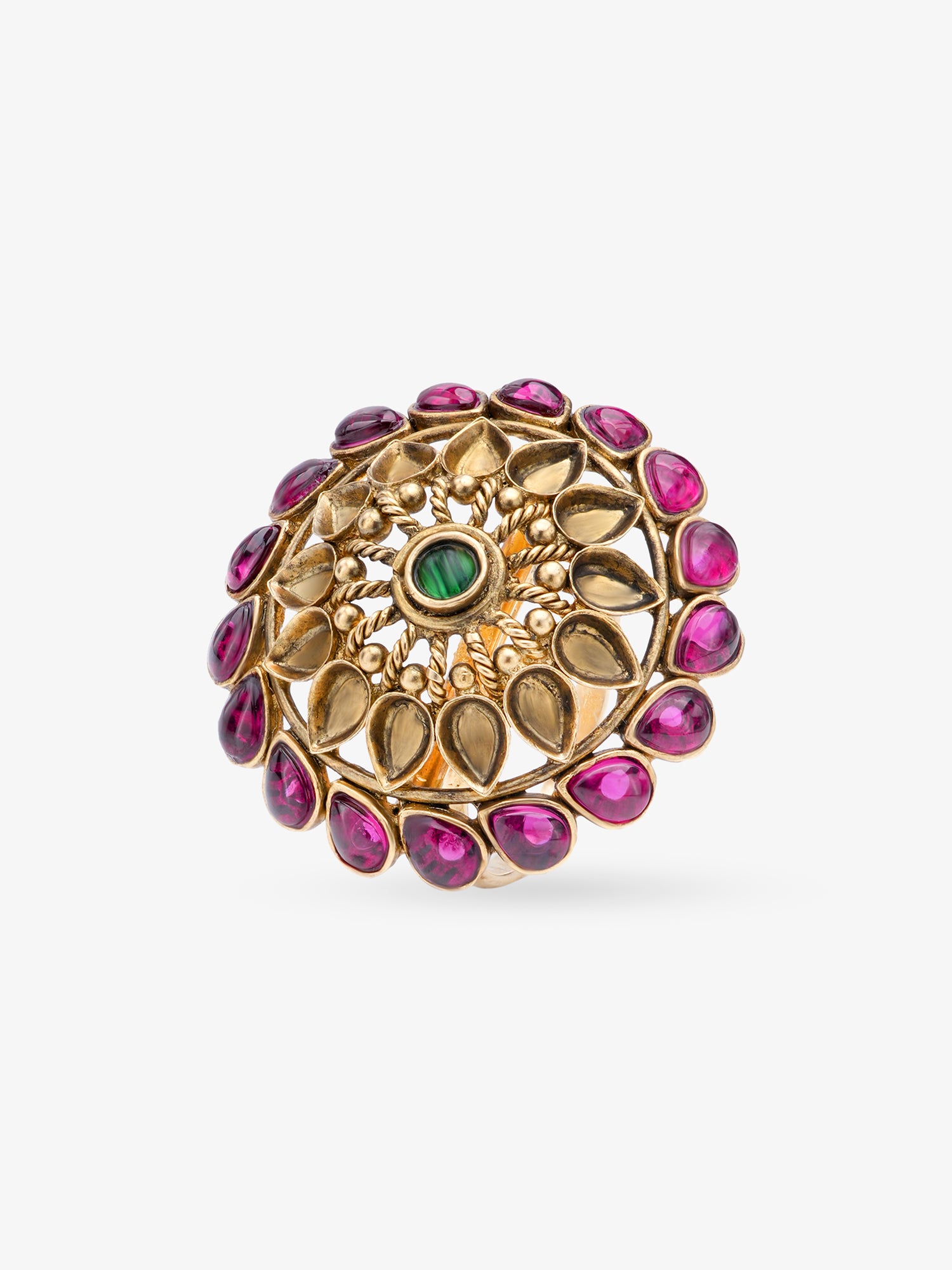 Side view of SIJA 925 Silver Antique Floral Ruby Embrace Ring highlighting handcrafted silver band and gold plated floral charm