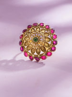 Detailed close up of SIJA Antique Floral Ruby Embrace Ring showing ruby stone petals and premium sterling silver craftsmanship