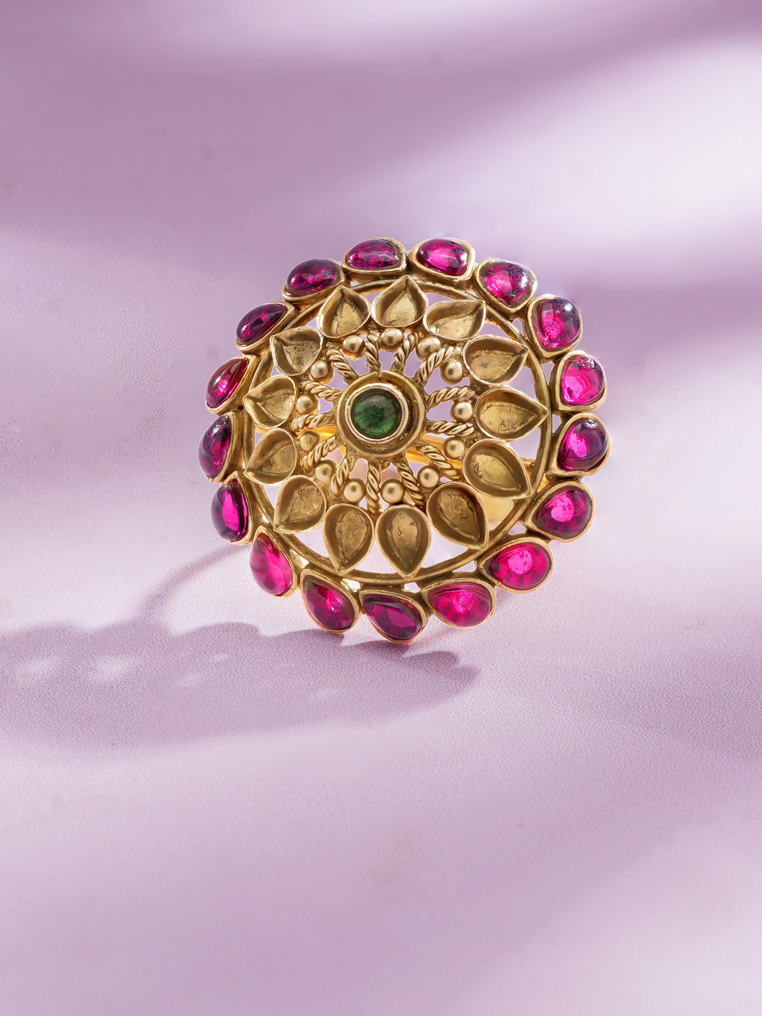 Detailed close up of SIJA Antique Floral Ruby Embrace Ring showing ruby stone petals and premium sterling silver craftsmanship