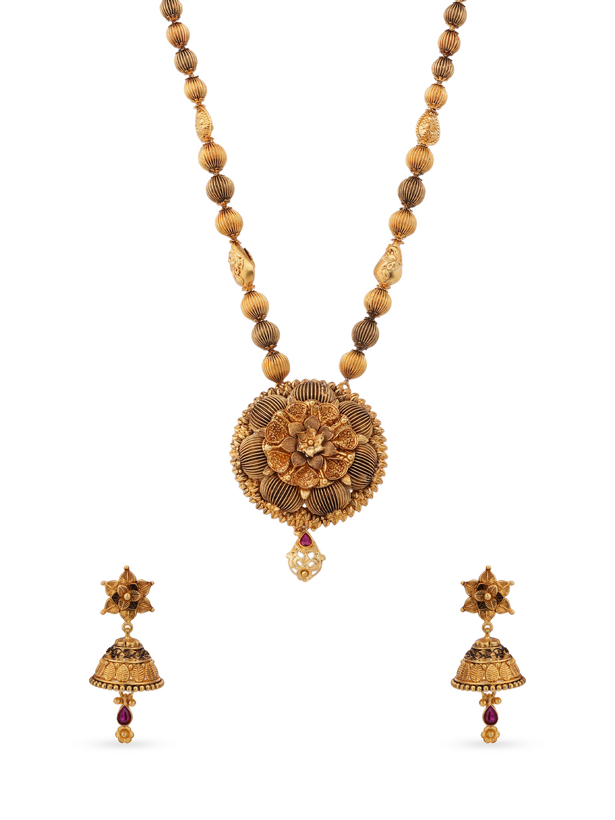 SIJA 925 Silver Antique Gold Plated Beads Haram with Floral Pendant and Earrings temple jewellery full front hero view festive accessory
