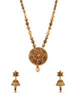 SIJA 925 Silver Antique Gold Plated Beads Haram with Floral Pendant and Earrings temple jewellery full front hero view festive accessory