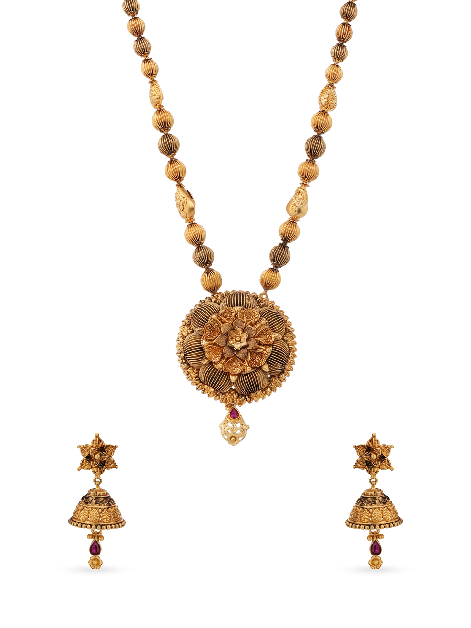 SIJA 925 Silver Antique Gold Plated Beads Haram with Floral Pendant and Earrings temple jewellery full front hero view festive accessory