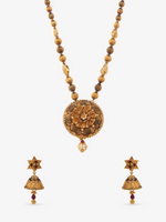 SIJA 925 Silver Antique Gold Plated Beads Haram with Floral Pendant and Earrings temple jewellery full front hero view festive accessory