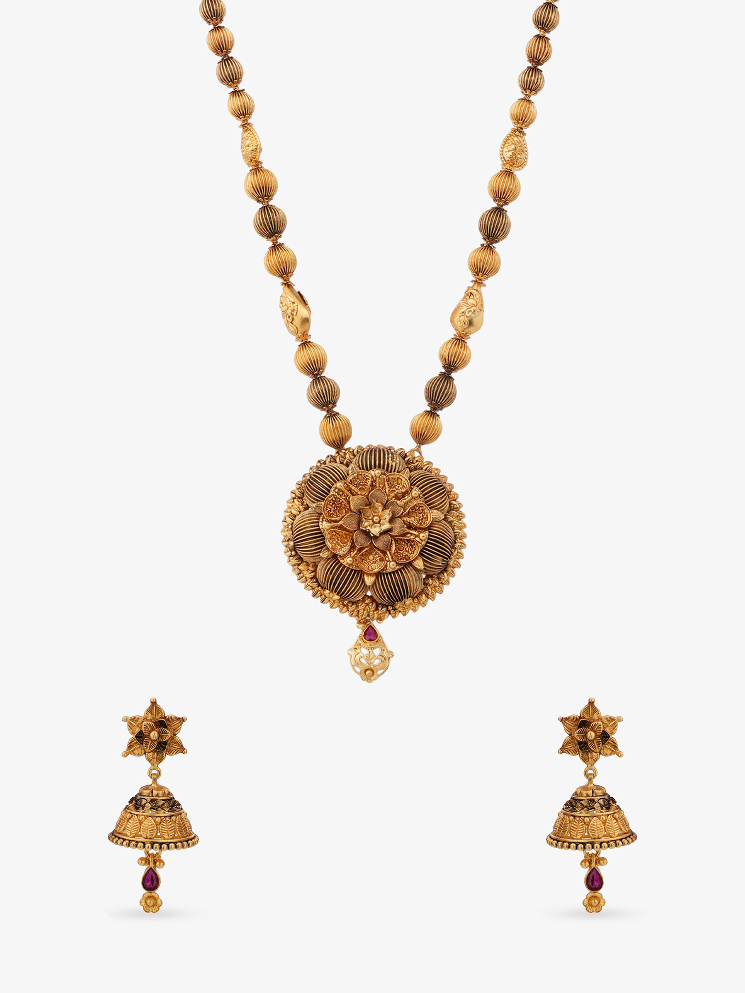 SIJA 925 Silver Antique Gold Plated Beads Haram with Floral Pendant and Earrings temple jewellery full front hero view festive accessory
