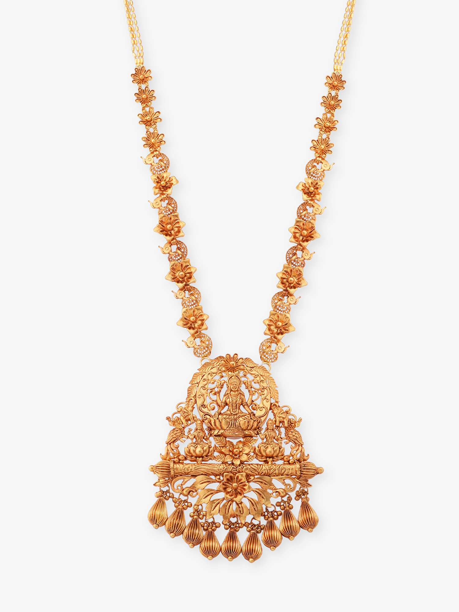 SIJA 925 Silver Antique Gold Plated Floral Peacock Haram with Lakshmi Pendant temple jewellery full front hero view festive accessory