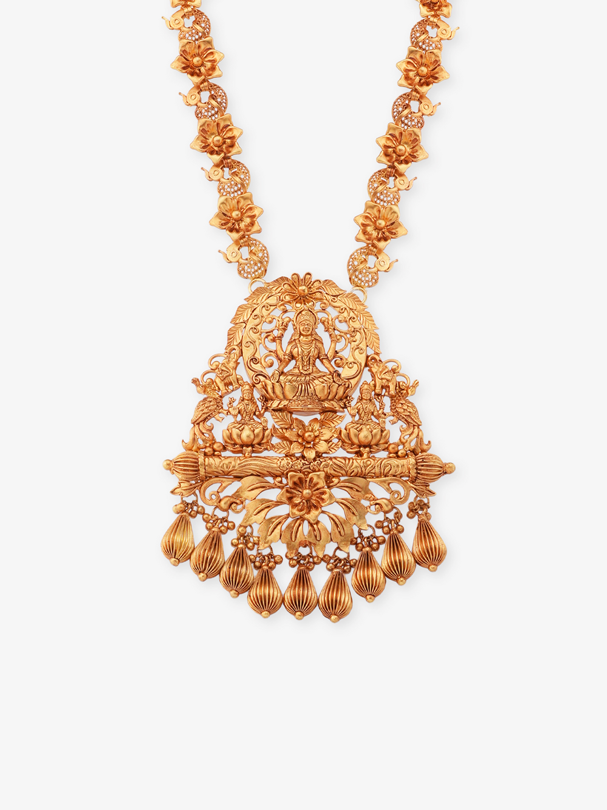 Close‑up of SIJA 925 silver Antique Gold Plated Haram showing goddess Lakshmi pendant detailing and handcrafted temple jewellery design