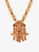 Close‑up of SIJA 925 silver Antique Gold Plated Haram showing goddess Lakshmi pendant detailing and handcrafted temple jewellery design