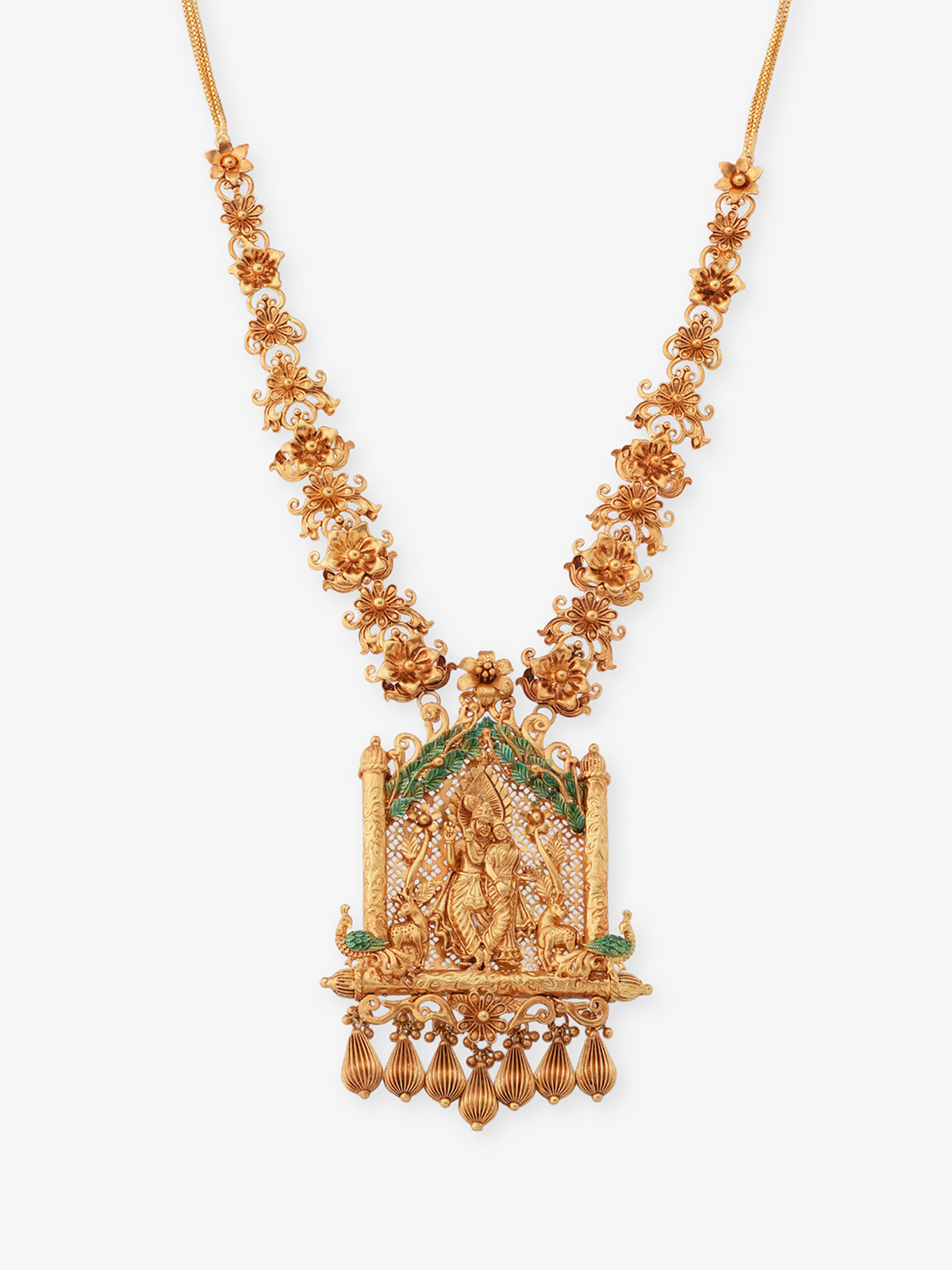 SIJA 925 Silver Antique Gold Plated Haram with Radha Krishna Pendant temple jewellery full front hero view festive accessory
