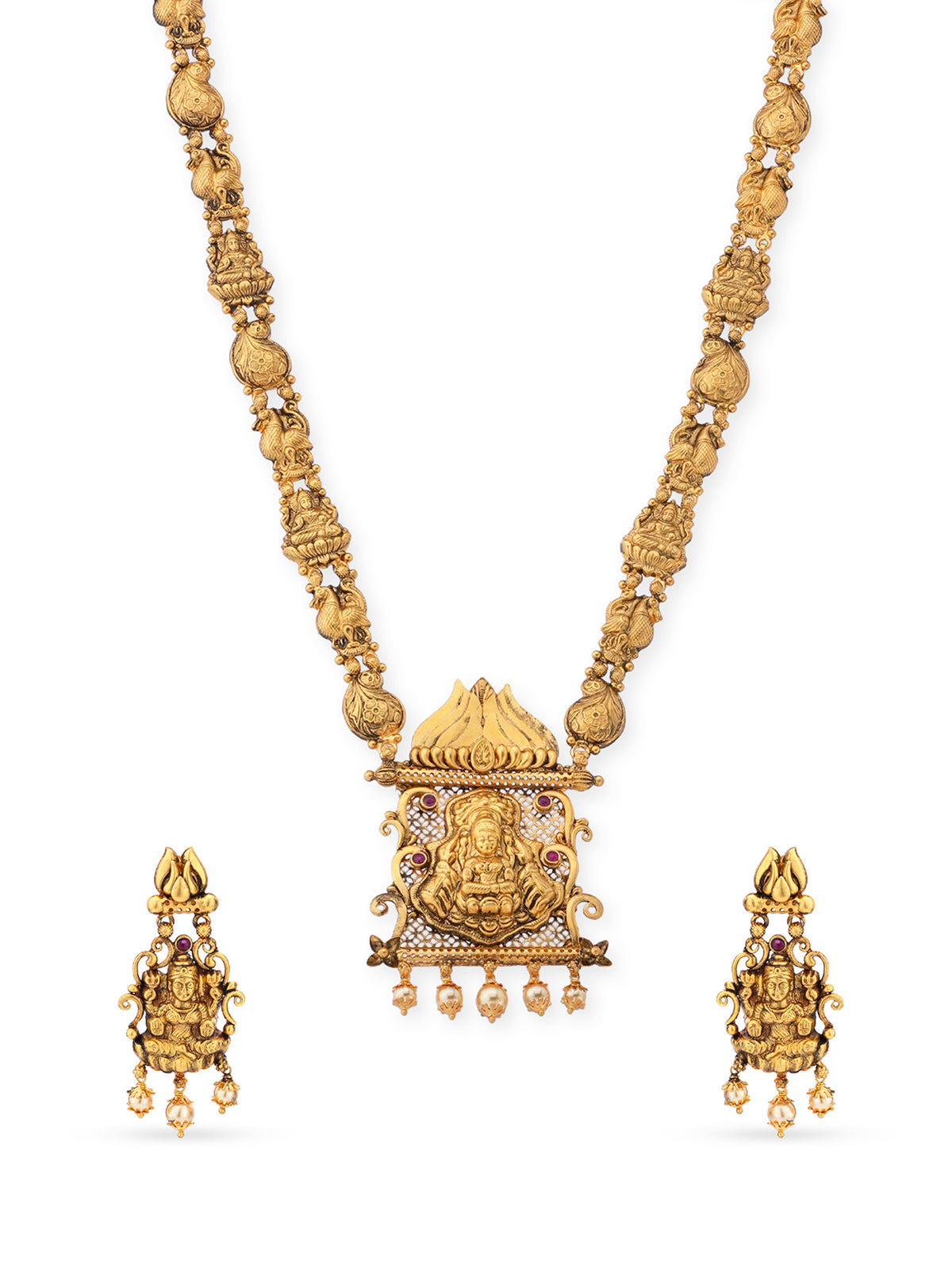 SIJA 925 Silver Antique Gold Plated Maanga Peacock Haram with Lakshmi Pendant and Earrings temple jewellery full front hero view festive accessory
