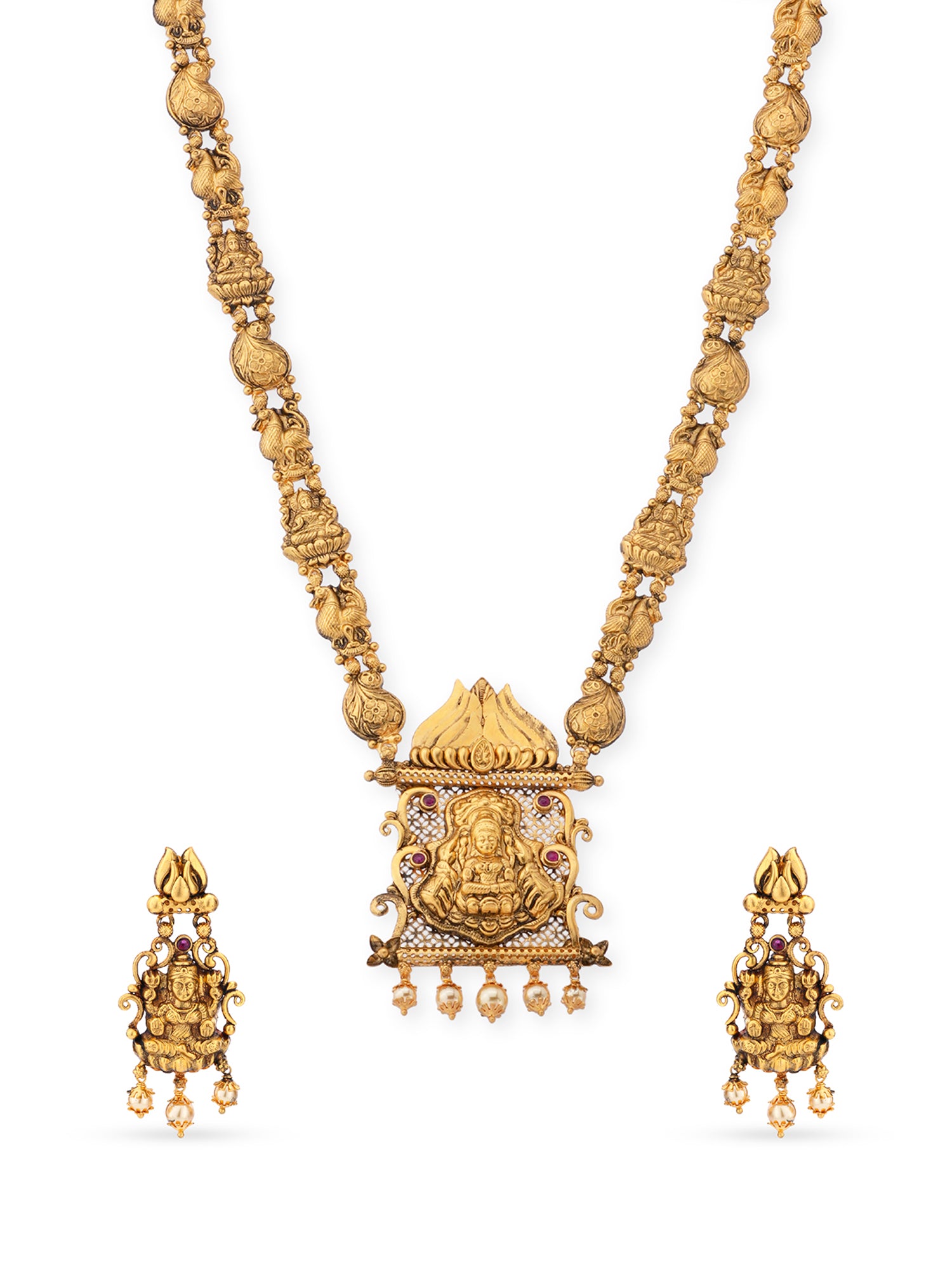 SIJA 925 Silver Antique Gold Plated Maanga Peacock Haram with Lakshmi Pendant and Earrings temple jewellery full front hero view festive accessory