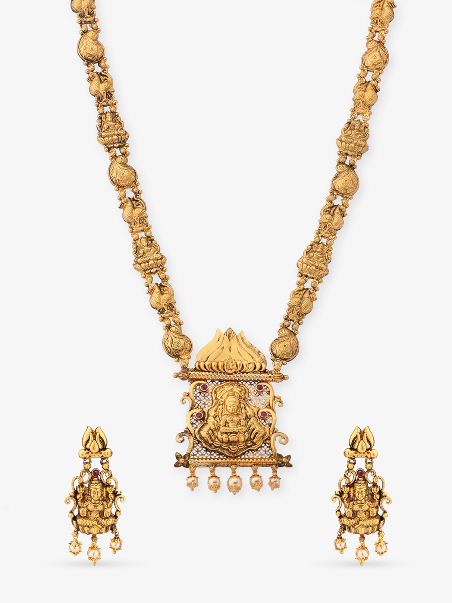SIJA 925 Silver Antique Gold Plated Maanga Peacock Haram with Lakshmi Pendant and Earrings temple jewellery full front hero view festive accessory
