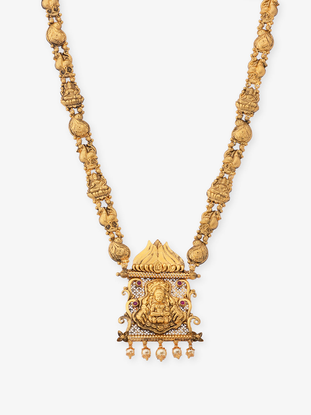 Close‑up of SIJA 925 silver Antique Gold Plated Haram showing goddess Lakshmi pendant detailing and handcrafted temple jewellery design