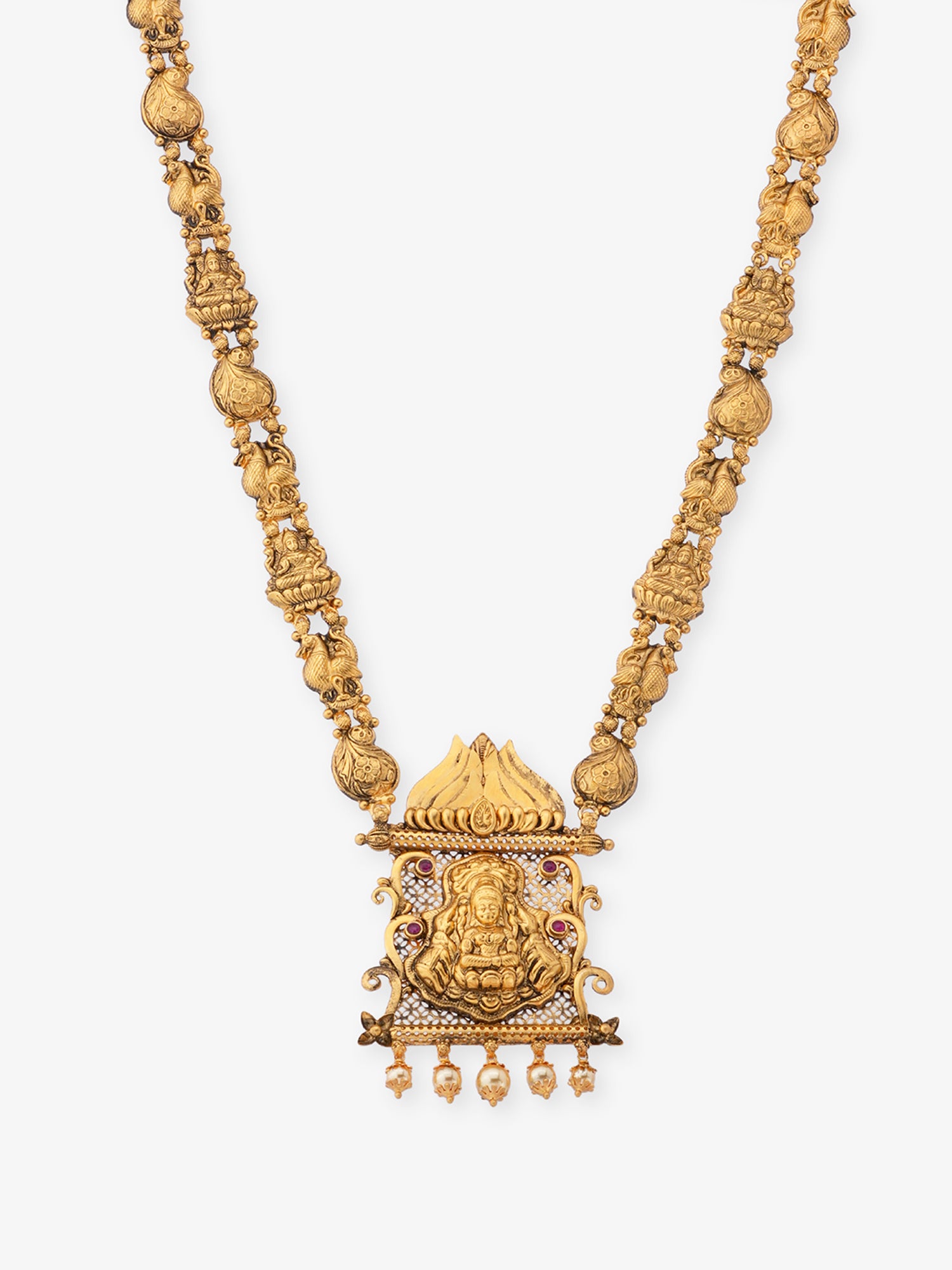 Close‑up of SIJA 925 silver Antique Gold Plated Haram showing goddess Lakshmi pendant detailing and handcrafted temple jewellery design