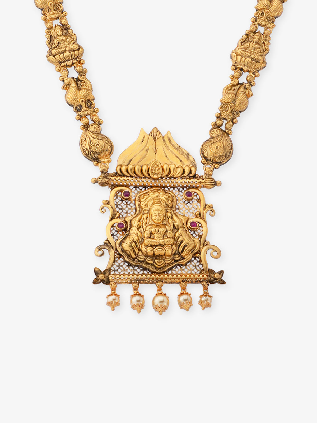 Close‑up of SIJA 925 silver Antique Gold Plated Haram showing goddess Lakshmi pendant detailing and handcrafted temple jewellery design