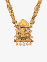 Close‑up of SIJA 925 silver Antique Gold Plated Haram showing goddess Lakshmi pendant detailing and handcrafted temple jewellery design