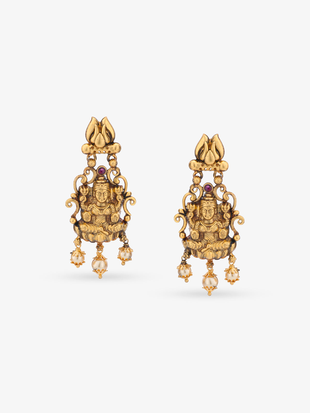Close‑up of SIJA 925 silver Antique Gold Plated Haram showing goddess Lakshmi Earring detailing and handcrafted temple jewellery design
