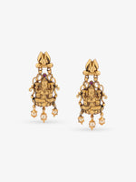 Close‑up of SIJA 925 silver Antique Gold Plated Haram showing goddess Lakshmi Earring detailing and handcrafted temple jewellery design