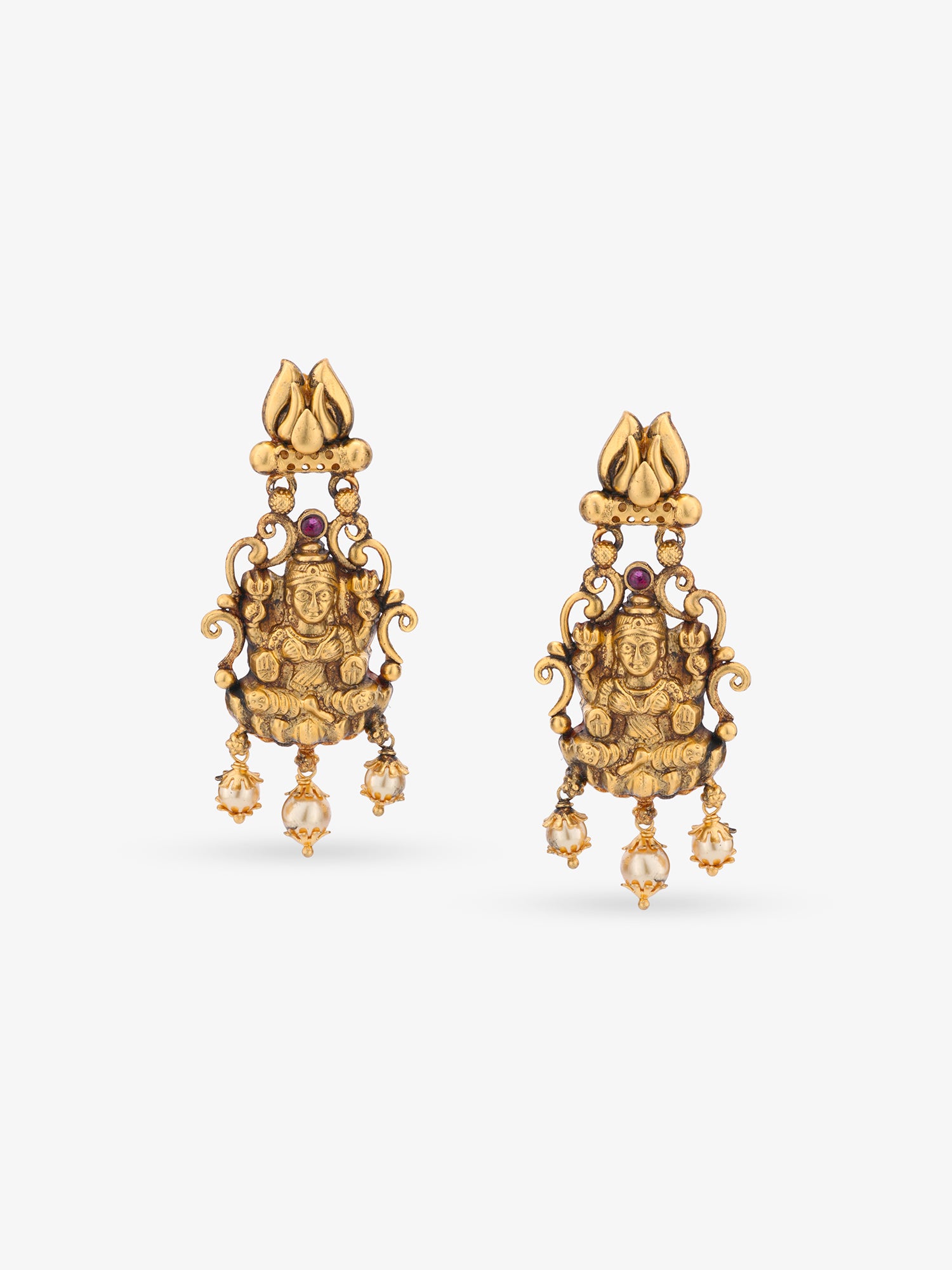 Close‑up of SIJA 925 silver Antique Gold Plated Haram showing goddess Lakshmi Earring detailing and handcrafted temple jewellery design