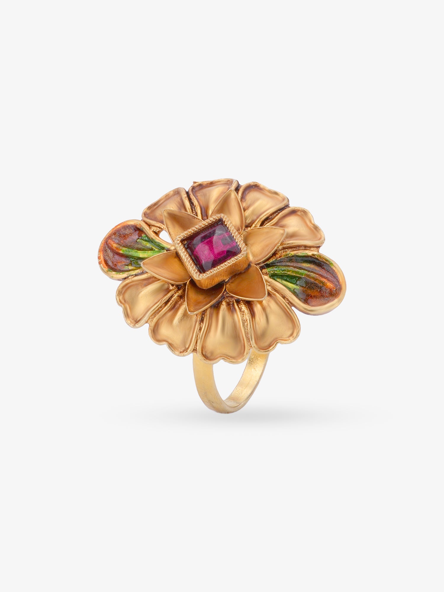 Side view of SIJA 925 Silver Antique Golden Petal Ring highlighting handcrafted silver band and golden petal charm