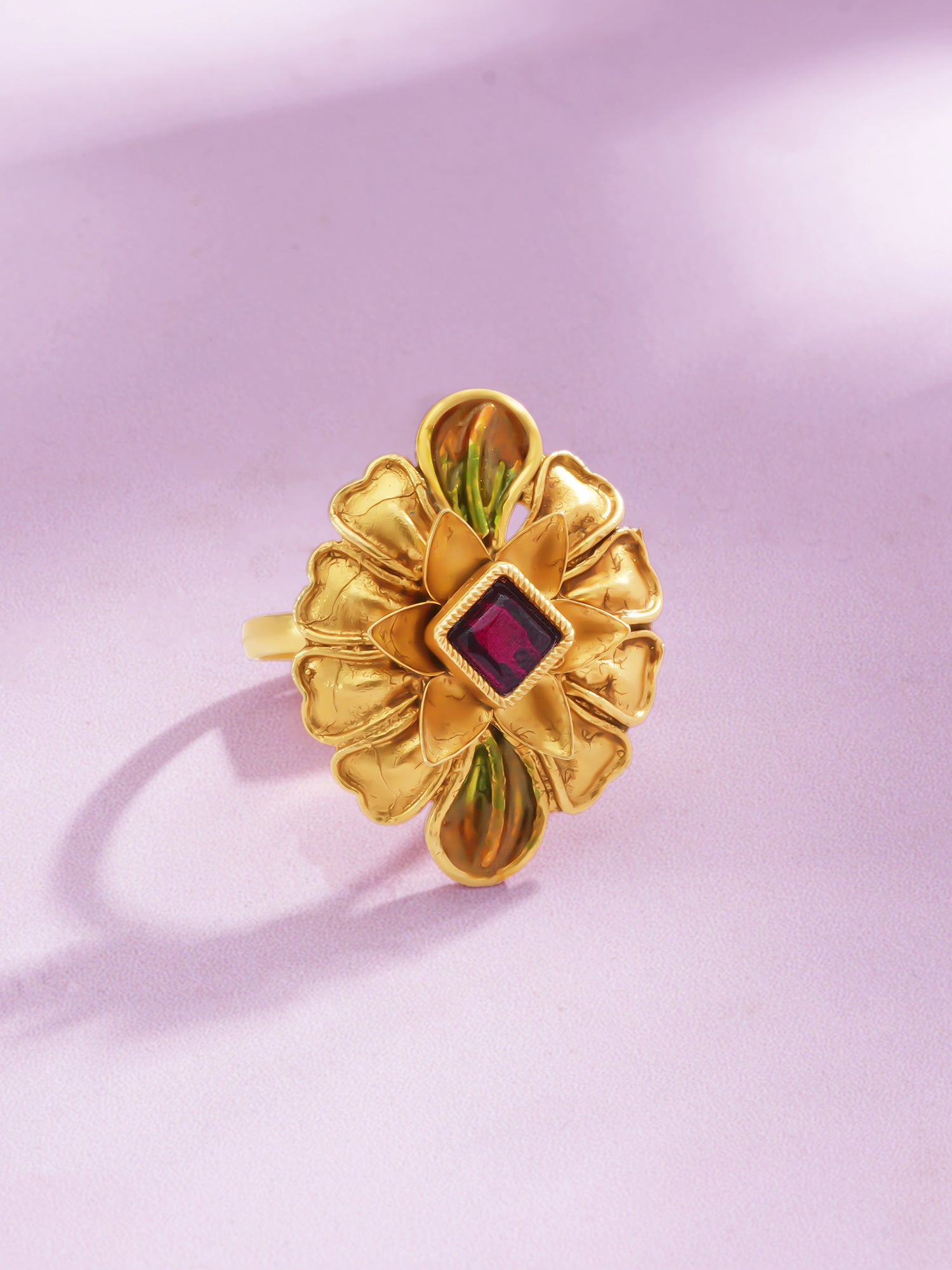 Detailed close up of SIJA Antique Golden Petal Ring showing gold plated floral petal design and premium sterling silver craftsmanship