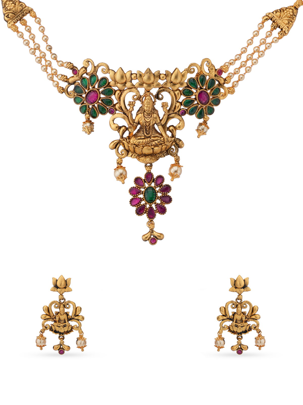 SIJA 925 Silver Antique Lakshmi Choker and Earrings gold plated jewellery full front hero view temple inspired festive accessory