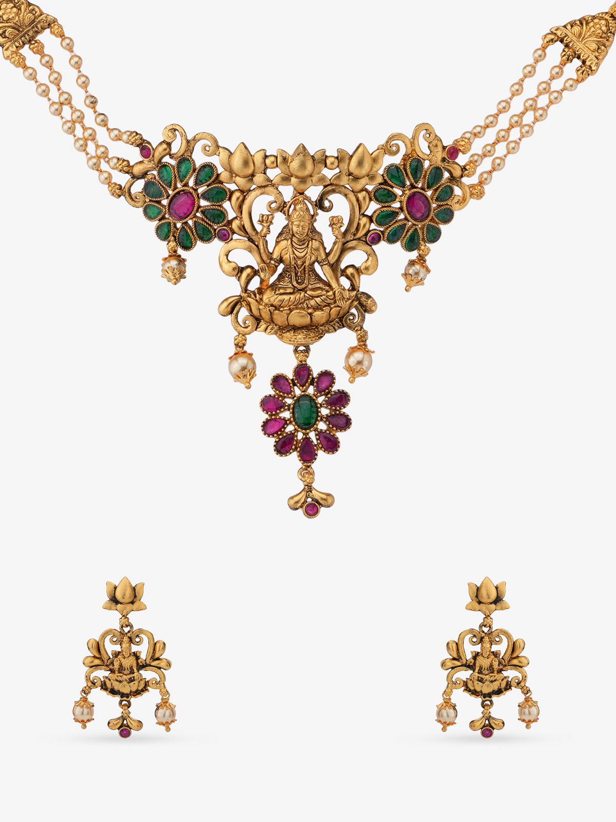 SIJA 925 Silver Antique Lakshmi Choker and Earrings gold plated jewellery full front hero view temple inspired festive accessory